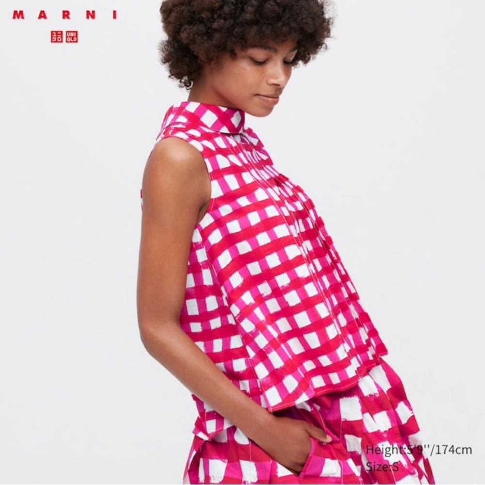 Marni + Uniqlo Red Plaid Pleated Button Up Top